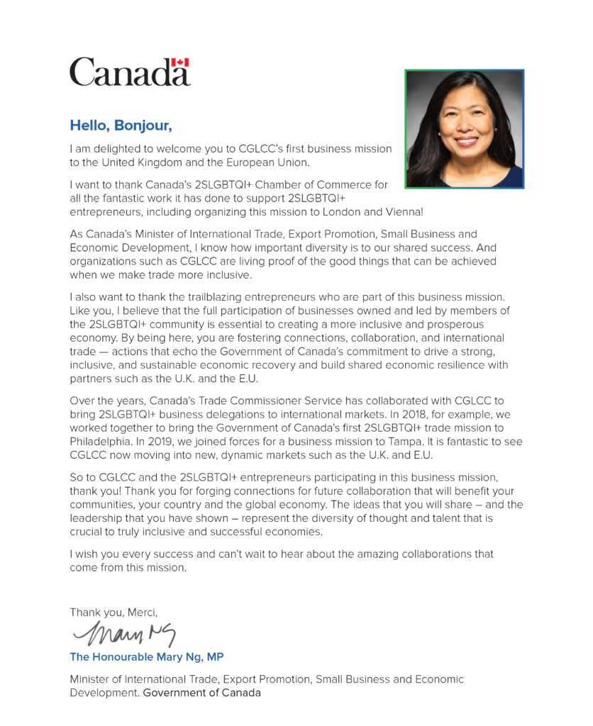 Letter of support from The Honourable Mary Ng, MP, Government of Canada