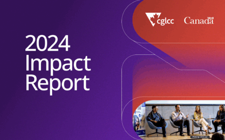 Page that says CGLCC's 2024 Impact Report. Words are in white, on a purple background. On the right side of the page there are two round graphic elements outlining red to purple gradients. CGLCC and Government of Canada logos are in white on the top right. A photo of four people sitting on chairs in a row and talking is in the bottom right.